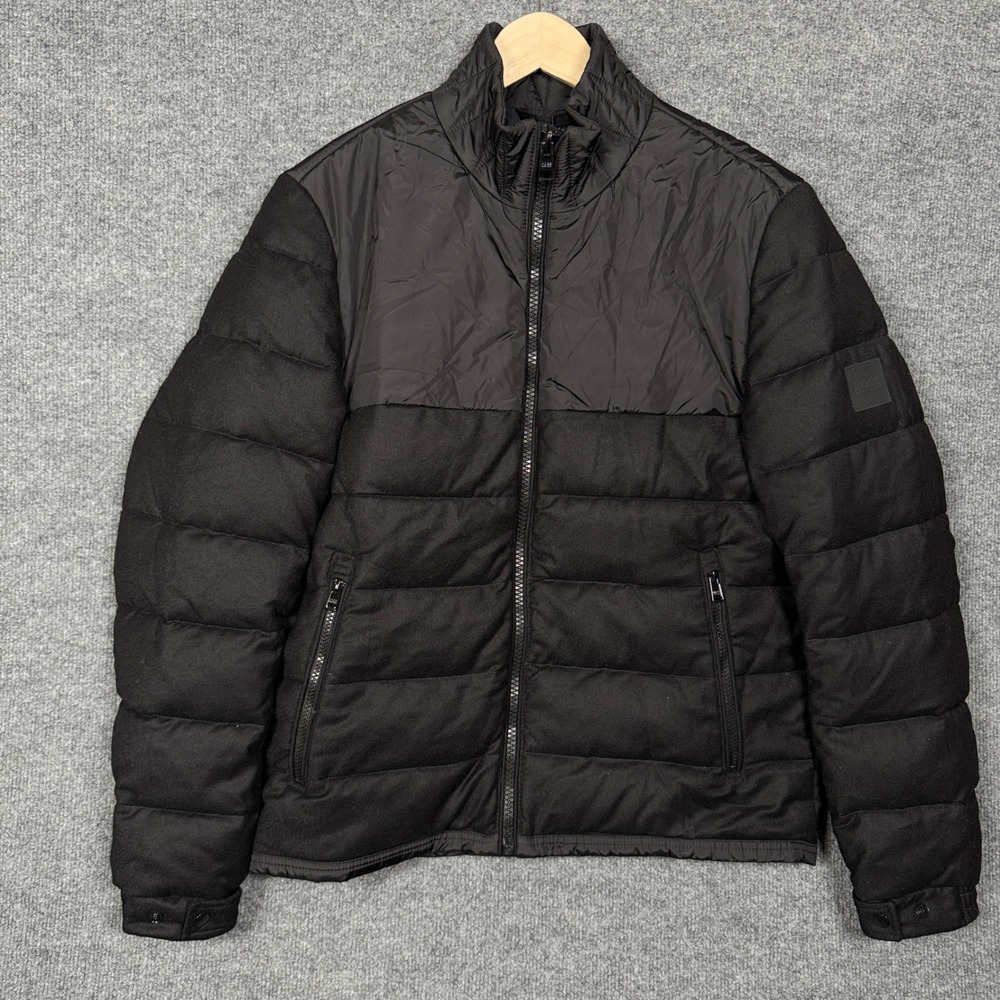 Hugo Boss Mens‎ 38R Puffer Jacket Black Virgin Wool Quilted Full Zip Colorblock